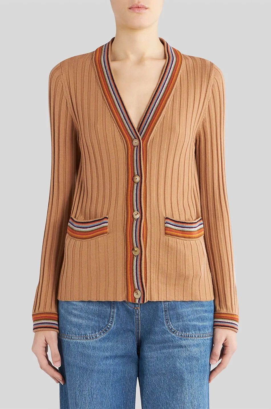 Cardigan côtelé à col V rayé