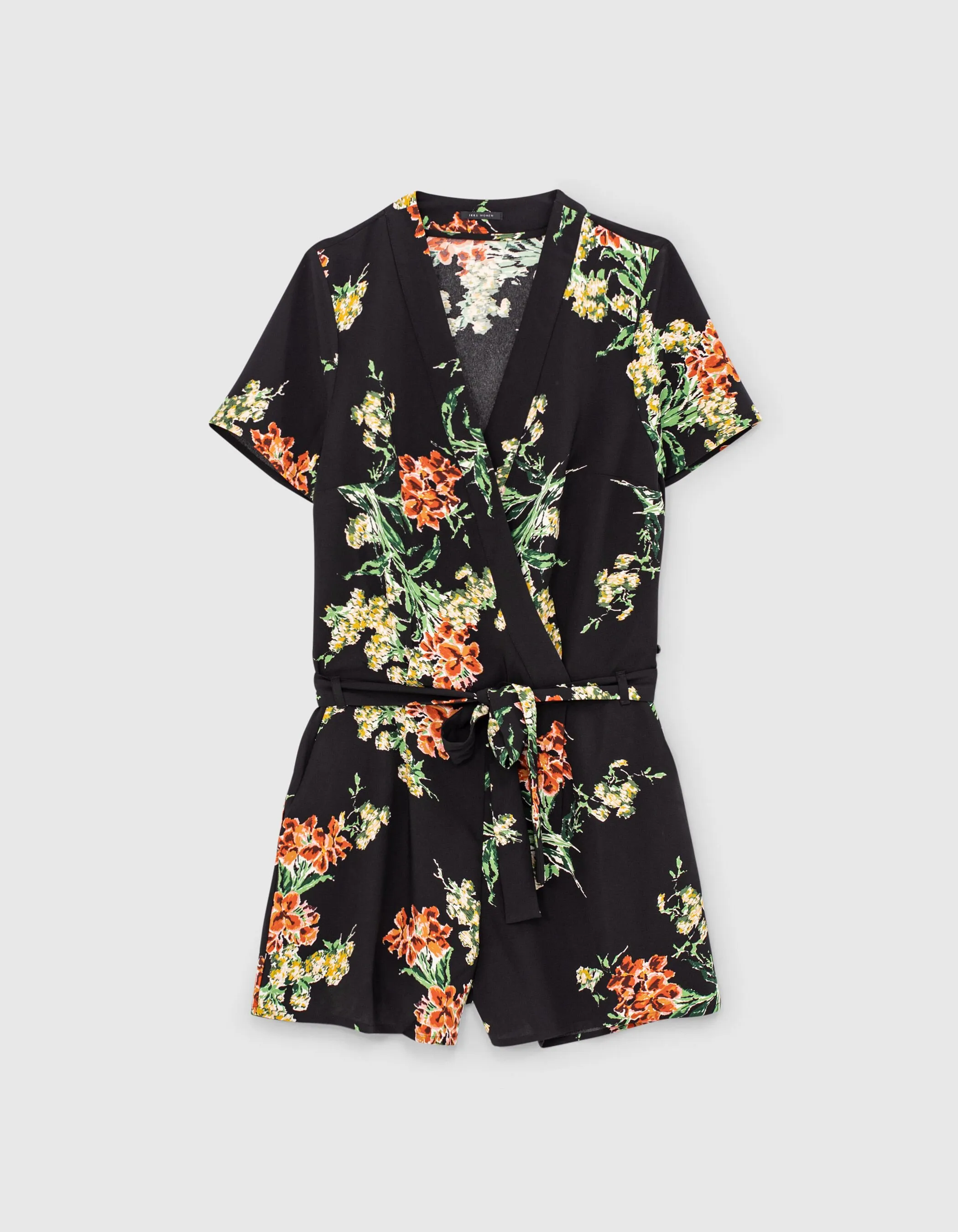 Combinaison en twill noir imprimé bouquet de fleurs femme