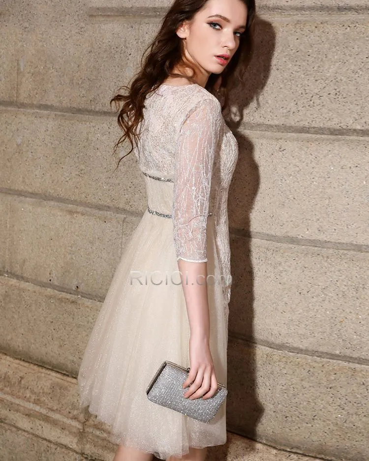Demi Manche Robe Cocktail Chic Ete Col Bateau Dentelle Glitter Fourreau Courte Blanche Scintillante