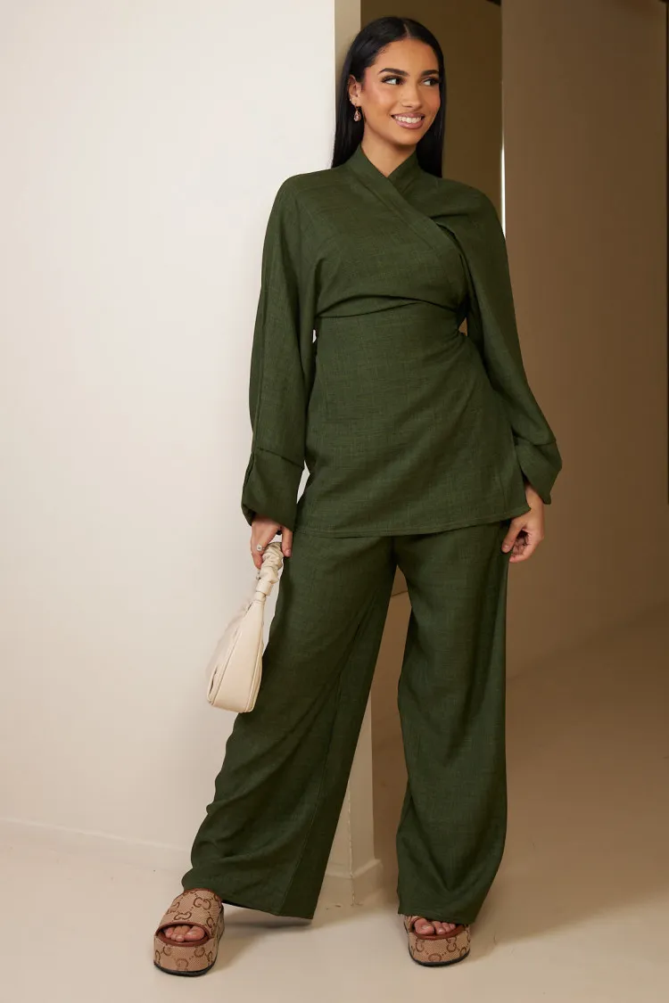 Ensemble 2 pièces blouse croisé + pantalon kaki