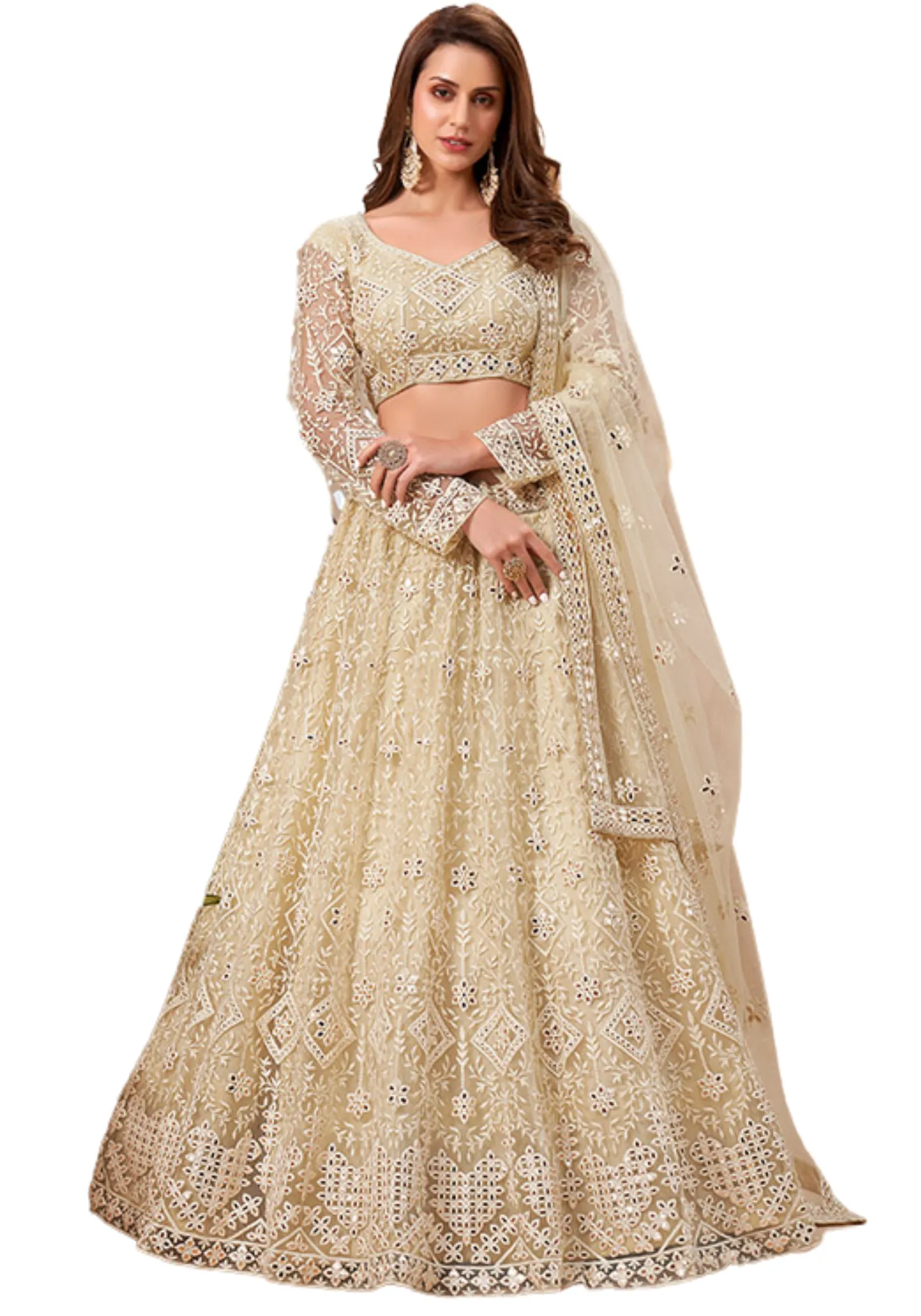 Lehenga nuptiale miroir Ecru Harnaaz