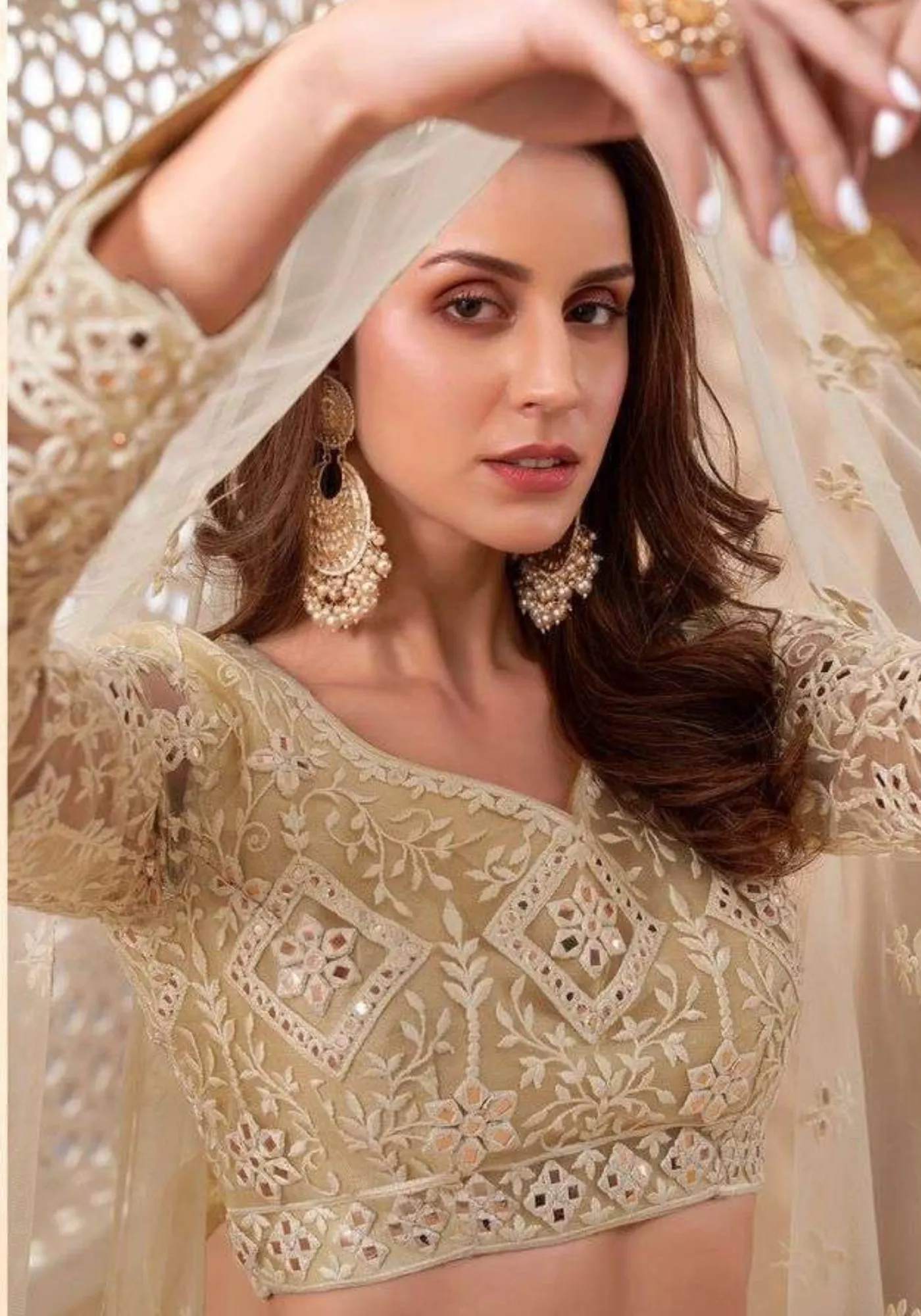 Lehenga nuptiale miroir Ecru Harnaaz
