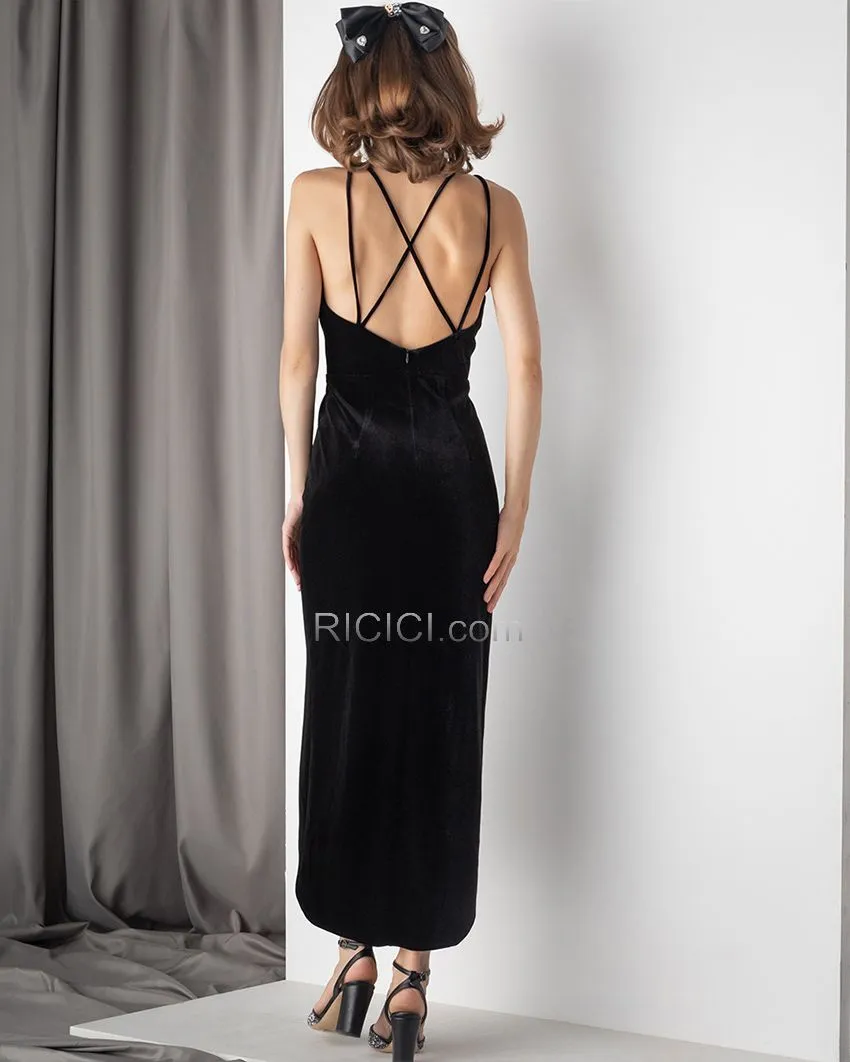 Longue Sans Manches Sexy Décolleté Noire Longueur Cheville Velours Robe De Cocktail Bretelles Fines Simple Dos Nu