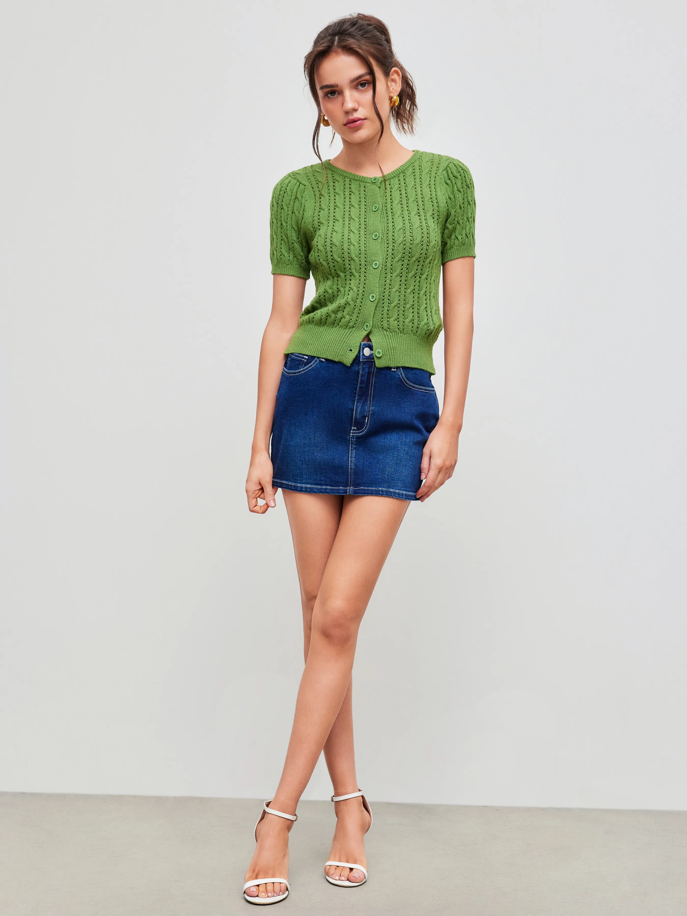 Mini Jupe en Denim Stretch Poches Solide