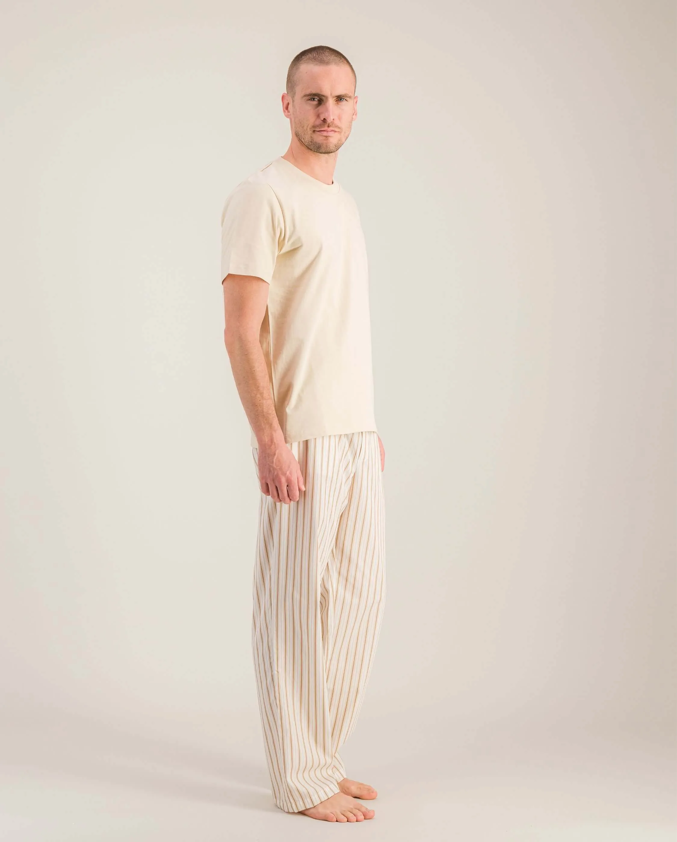 Pantalon pyjama homme coton bio, rayures beiges