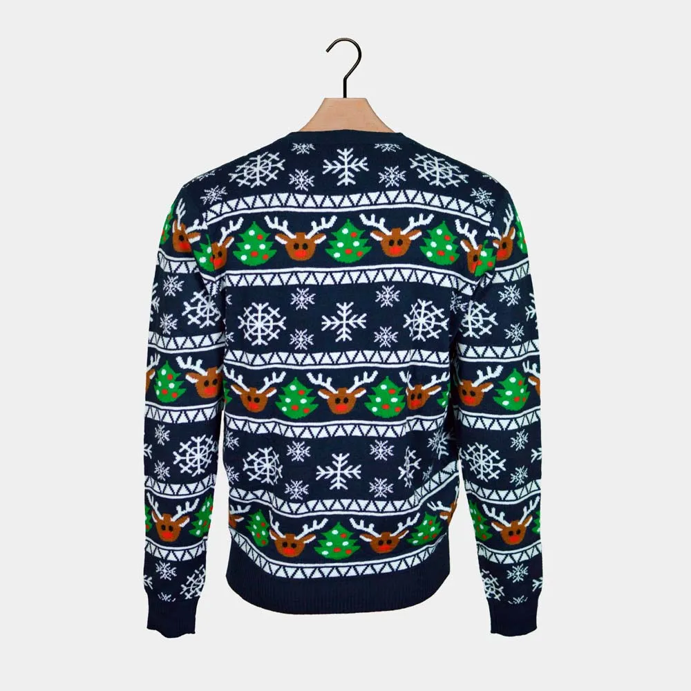 Pull de Nol Cardigan pour Couple Bleu avec Rennes et Sapins de Nol