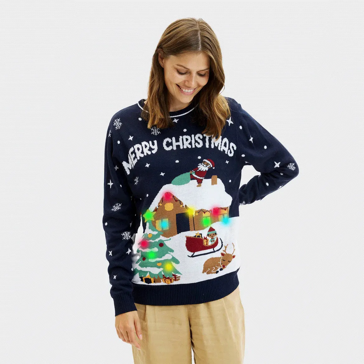 Pull de Nol pour Femme Lumineux LED Bleu Merry Christmas