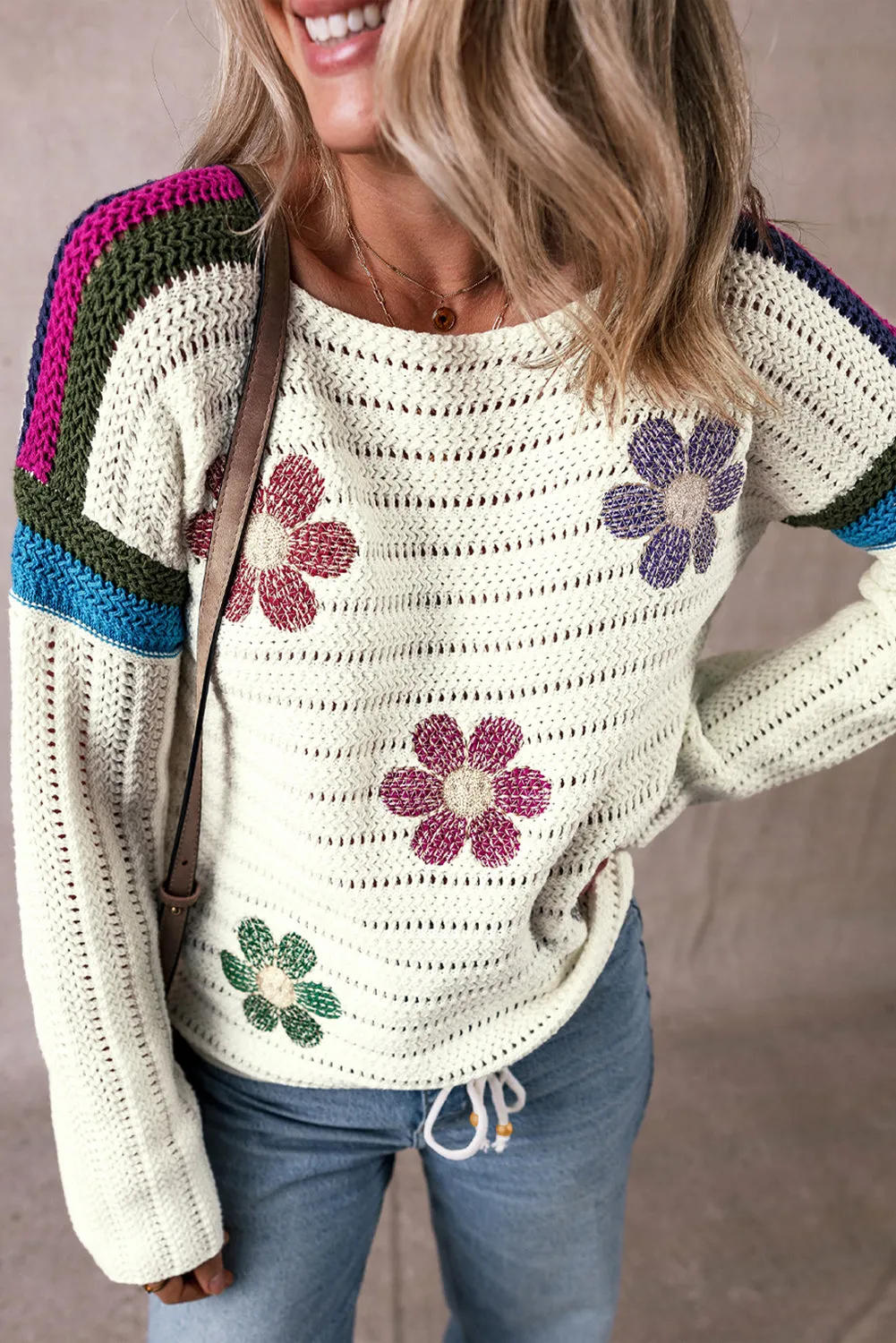 Pull en maille pointelle à fleurs de marguerite blanc