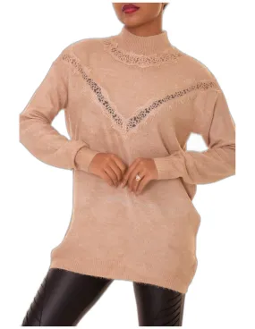 Pull long taupe à motif V en dentelle