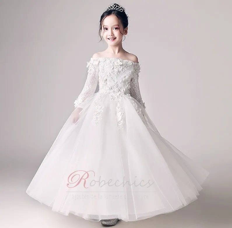 Robe Cortège Fille Épaule Dégagée Manche Longue Zip Manche de T-shirt