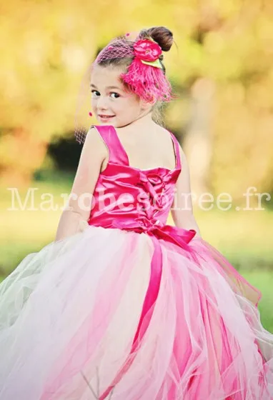 Robe de cortège enfant fuchsia – réf. D1015 en Satin duchesse, Tulle
