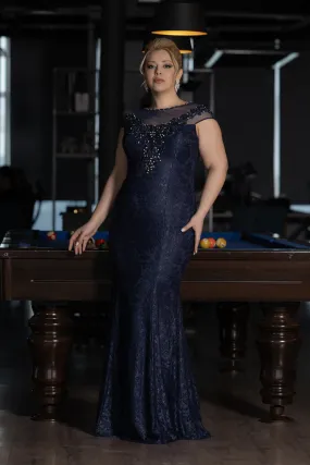 Robe De Fiançailles Grande Taille Longue Lacé Bleu Marine ABU3733