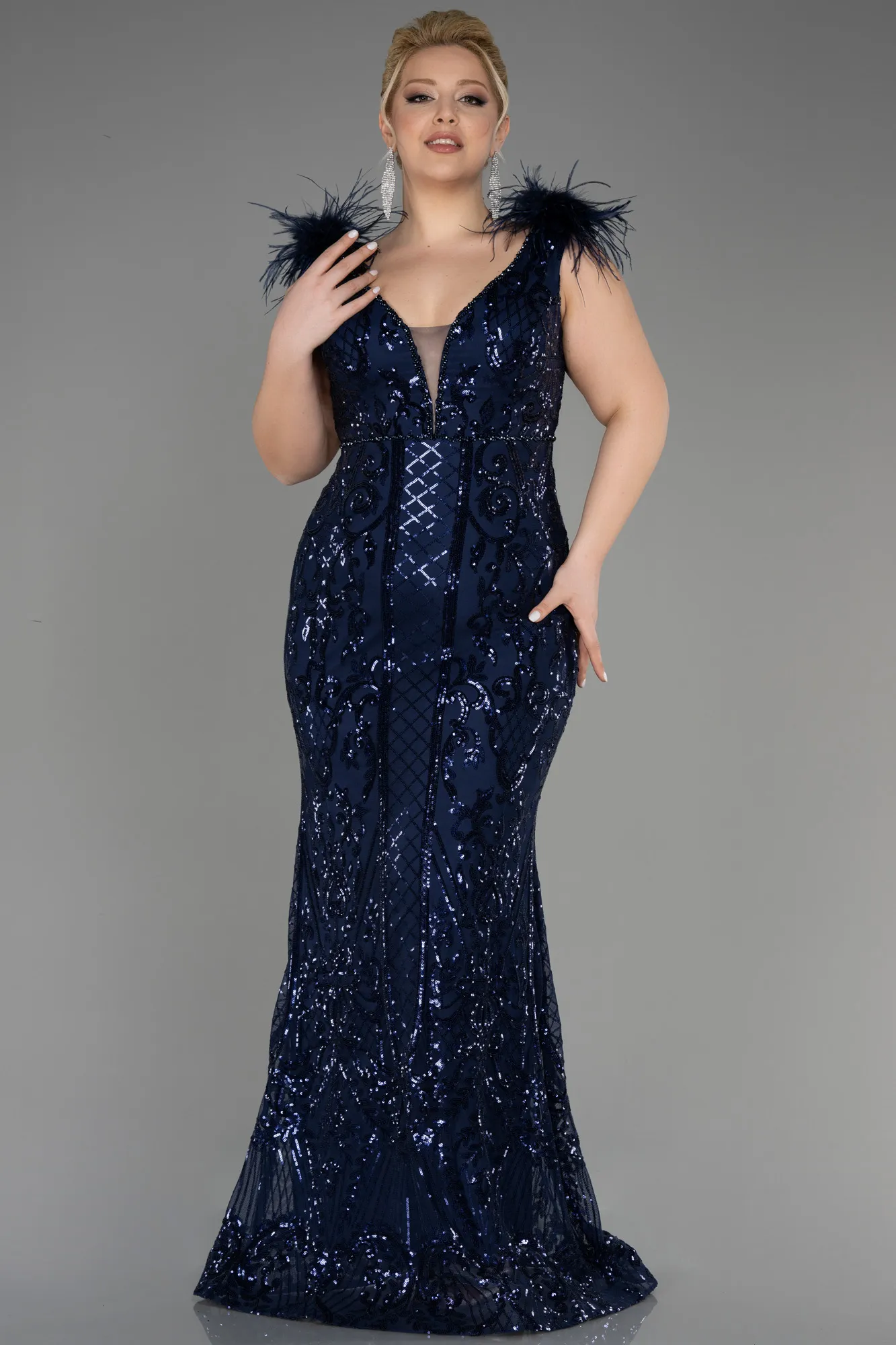 Robe De Fiançailles Grande Taille Longue Squameuse Bleu Marine ABU3671