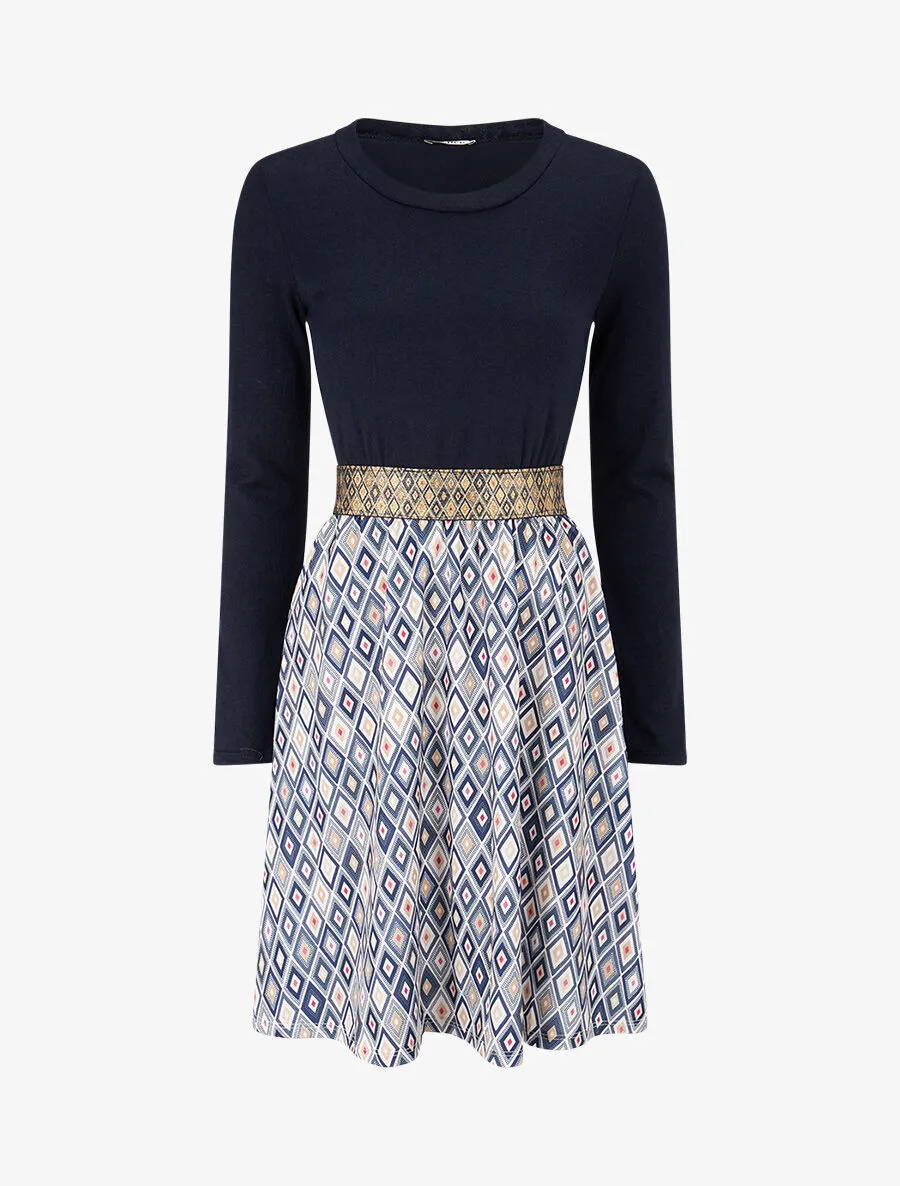 Robe imprimé losange et taille fantaisie - Marine