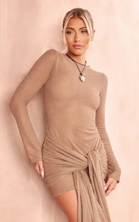Robe moulante portefeuille taupe texturée
