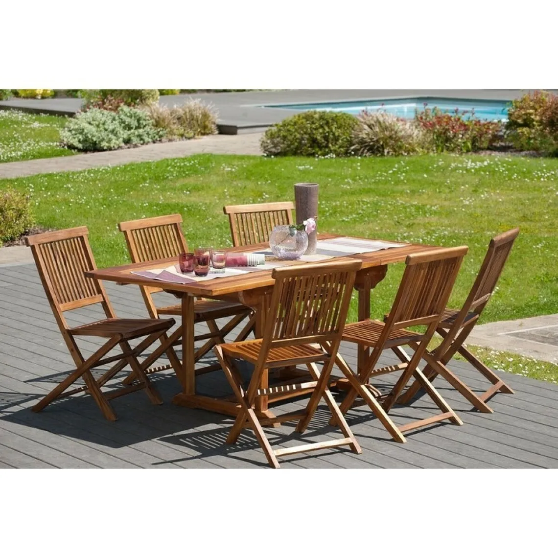 SALON DE JARDIN EN BOIS TECK HUILE 4/6 pers : Ensemble de jardin - 1 Table rectangulaire extensible 120*180/90 cm et 6 chaises |