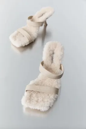 St. Agni Ecru Shearling Double strap Sandals - Trouva