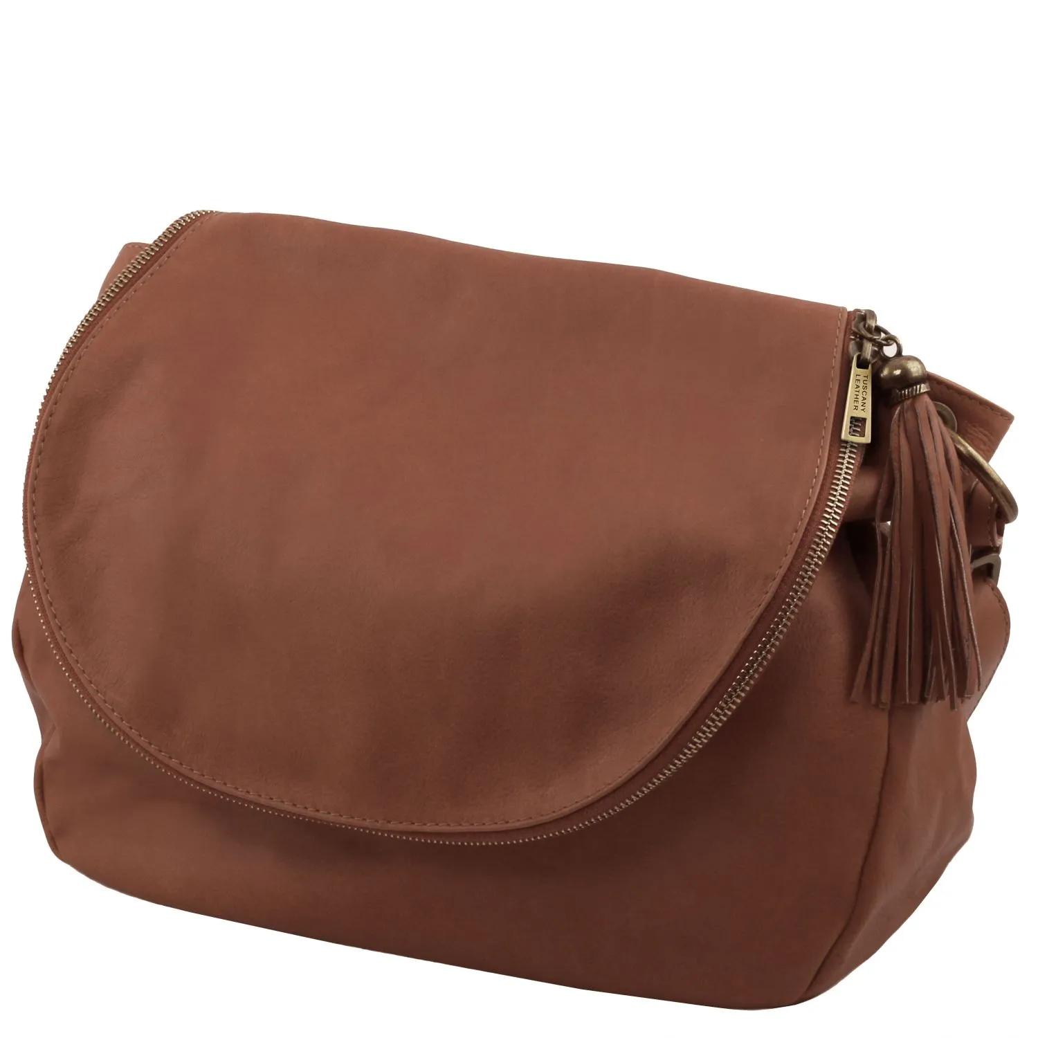 TL Bag Sac Bandoulière Besace en Cuir Souple Avec Pompon Cannelle TL141110